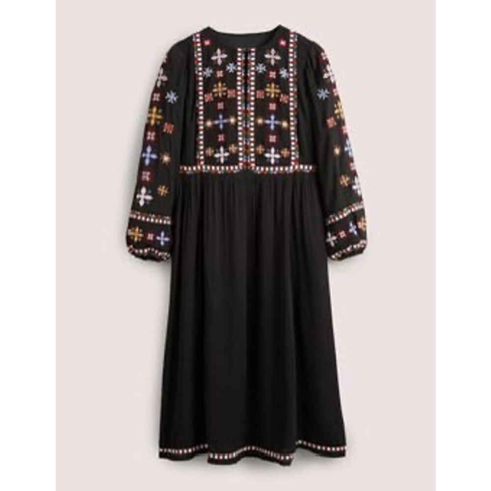 Boden Black Longsleeve Whismigoth Midi Dress Embroidered Midi Dress Size 8R